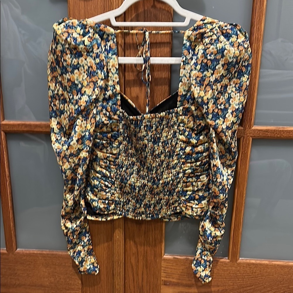 Astr Yellow and Blue Ruched Floral Crop Blouse​​​​​ - Picture 5 of 8